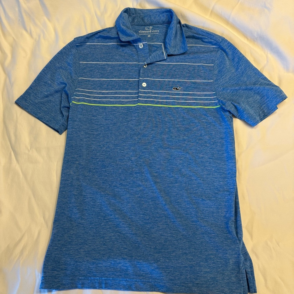 Vineyard Vines blue Performance polo with green and white stripes, Sz XS
